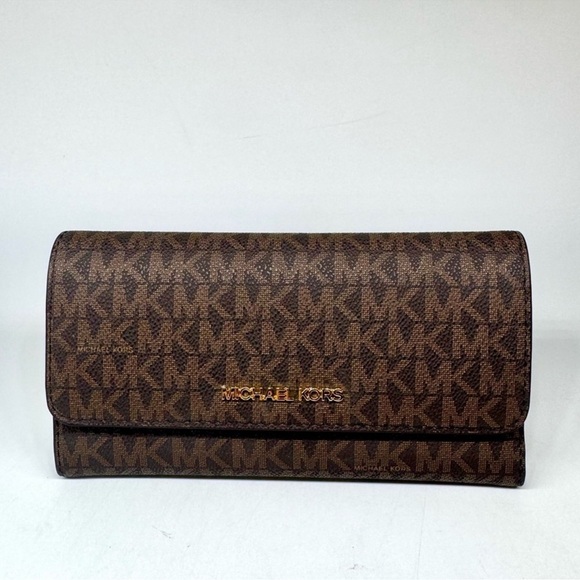 Michael Kors Large Jet Set Travel Trifold Wallet Brown Signature - Picture 1 of 8